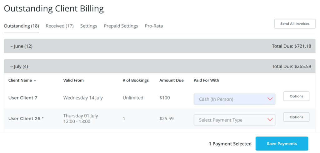 Example of recording a client cash payment in Bookamat.