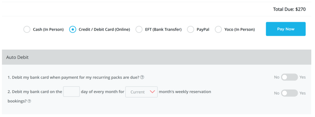 Example of Bookamat auto debit for client payments.