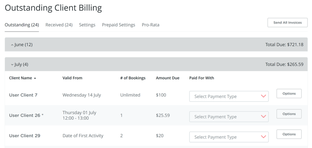 Example of the Bookamat billing page showing outstanding payments due.