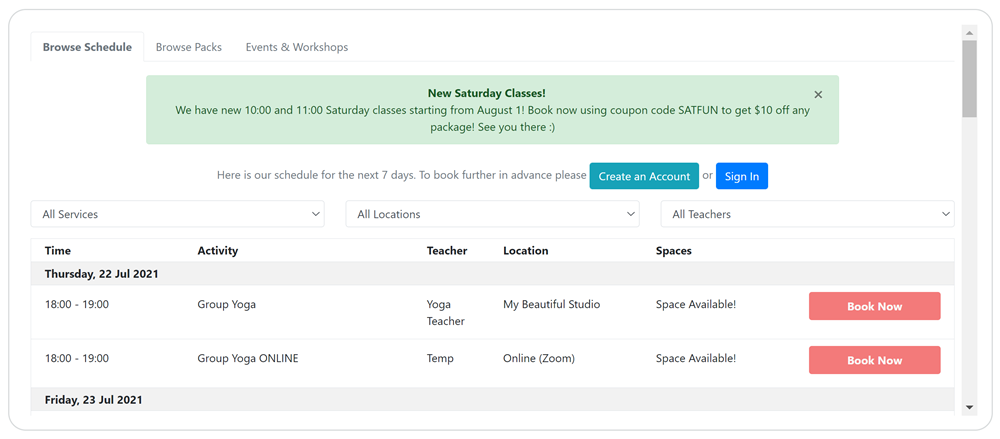 Bookamat custom notice alerts clients about new class times added.