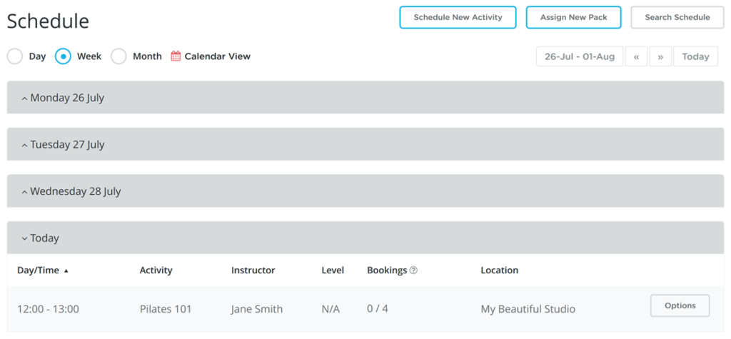Example of a schedule populated in Bookamat with activities ready for bookings.