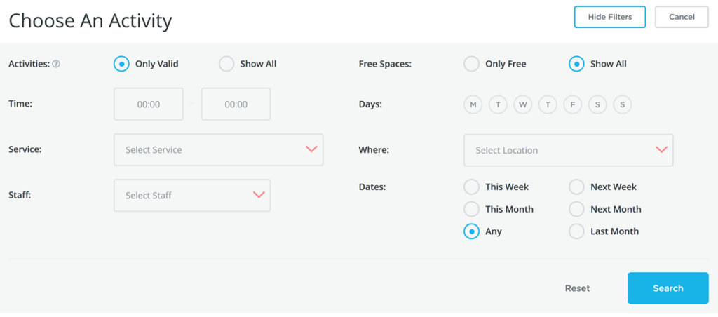 Bookamat provides rescheduling filters for moving bookings into any classes.