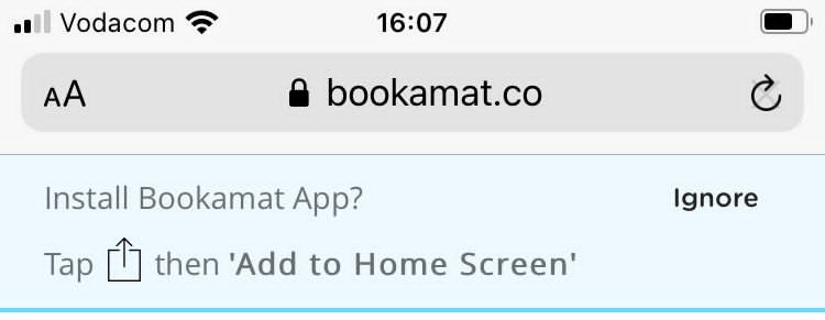 Prompt to install Bookamat app on Safari (iOS).